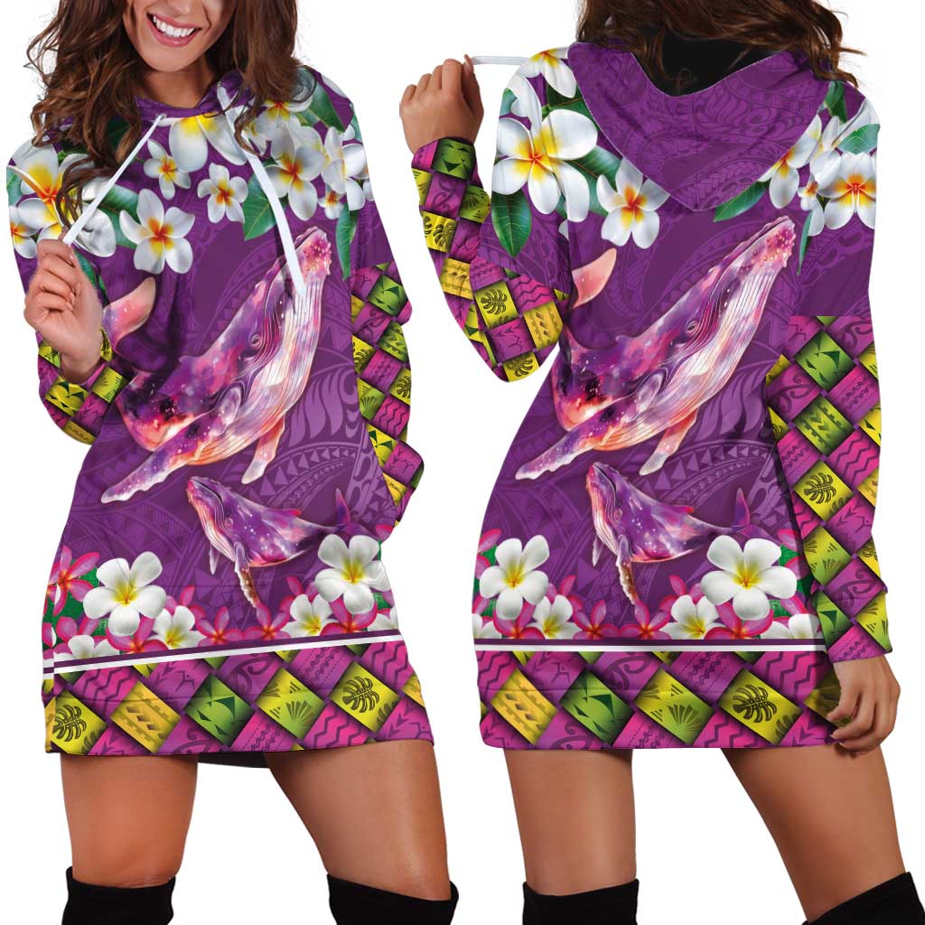 Hawaiian Plumeria and Humpback Whales Hoodie Dress Polynerian Art Tattoo-Mauve Color