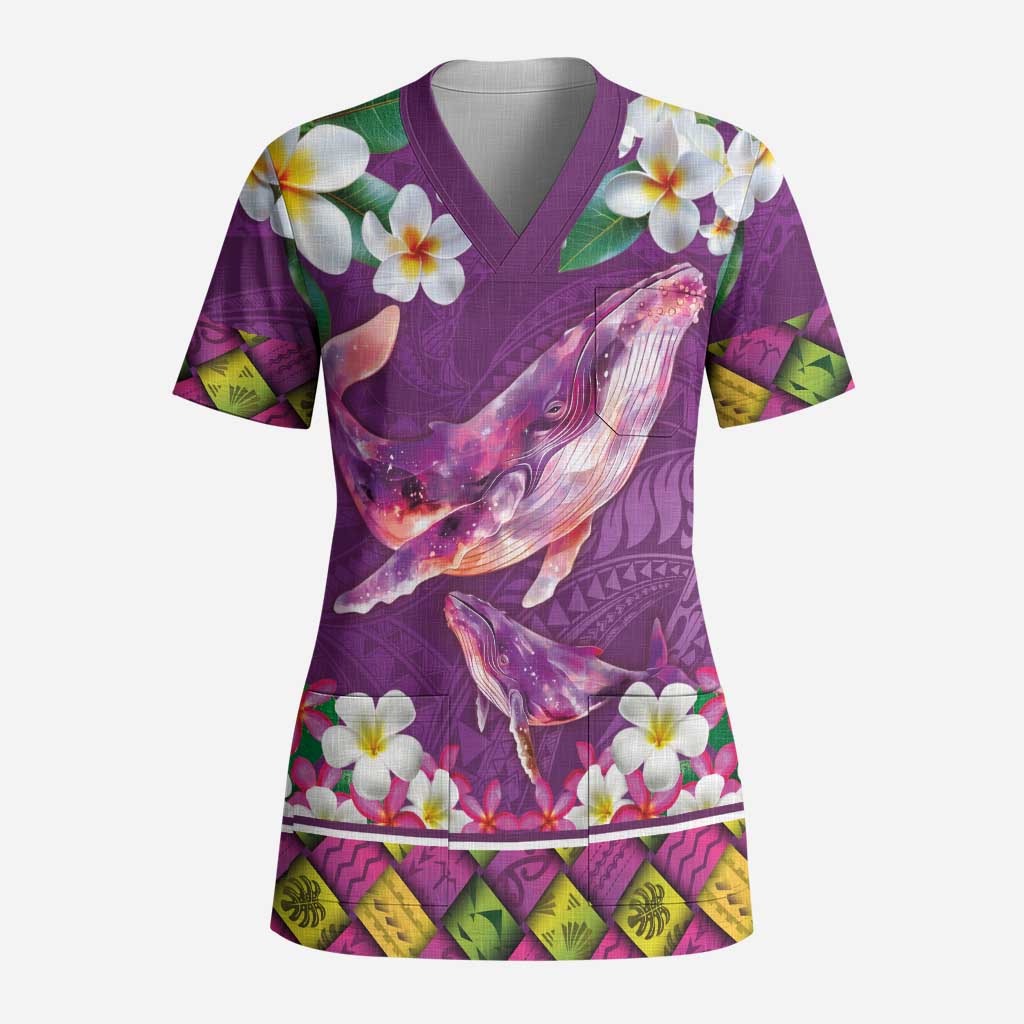 Hawaiian Plumeria and Humpback Whales Scrub Top Polynerian Art Tattoo-Mauve Color LT03 Adult Purple - Polynesian Pride
