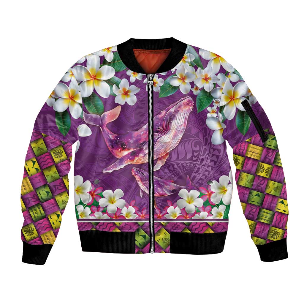 Hawaiian Plumeria and Humpback Whales Sleeve Zip Bomber Jacket Polynerian Art Tattoo-Mauve Color