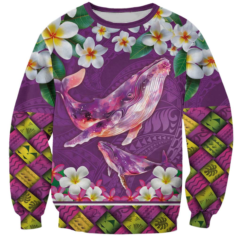 Hawaiian Plumeria and Humpback Whales Sweatshirt Polynerian Art Tattoo-Mauve Color