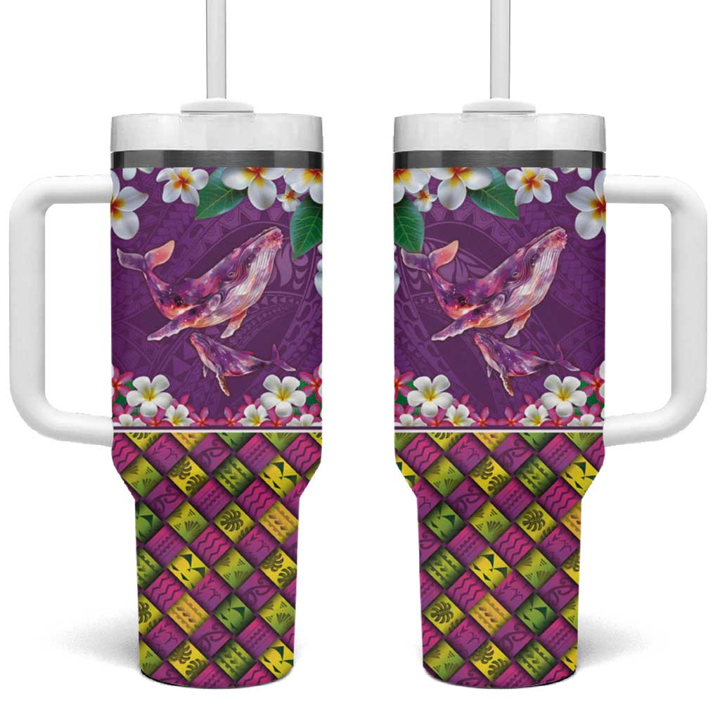 Hawaiian Plumeria and Humpback Whales Tumbler With Handle Polynerian Art Tattoo-Mauve Color