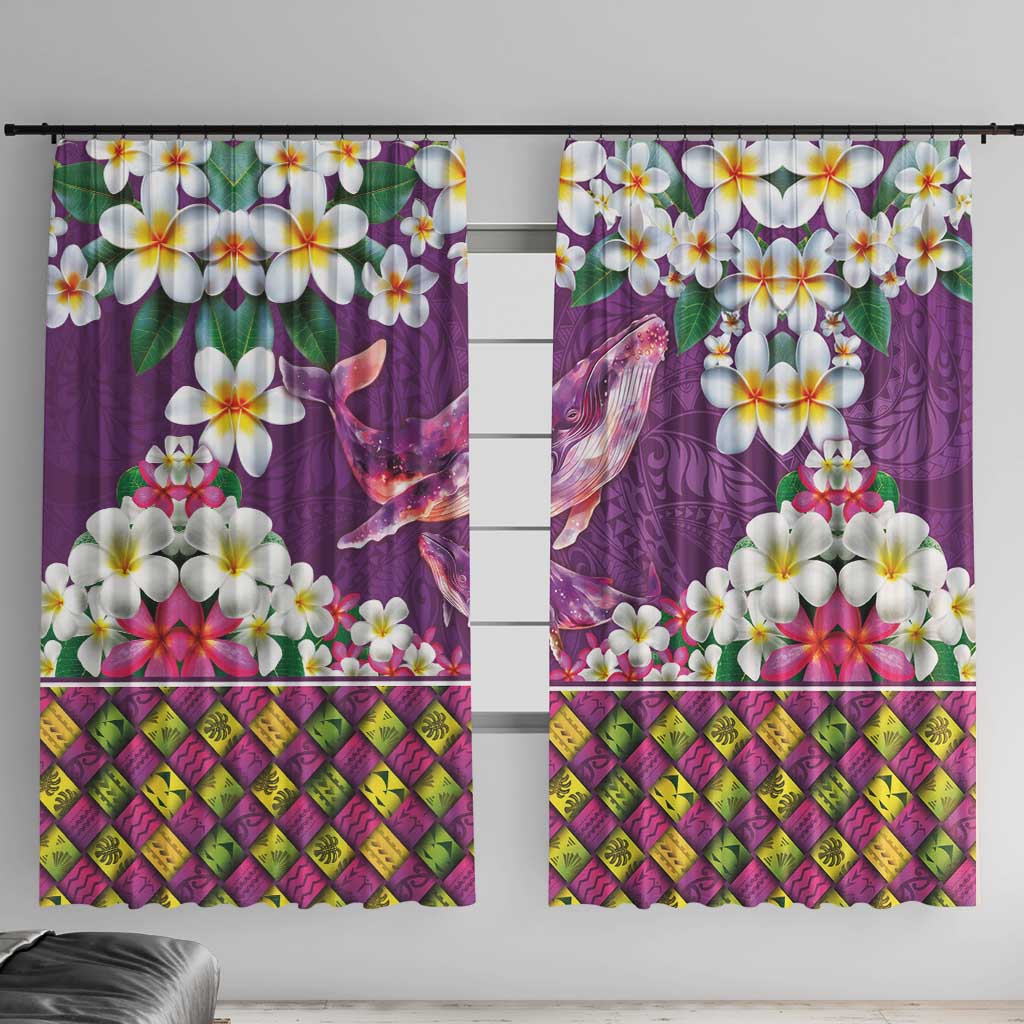 Hawaiian Plumeria and Humpback Whales Window Curtain Polynerian Art Tattoo-Mauve Color