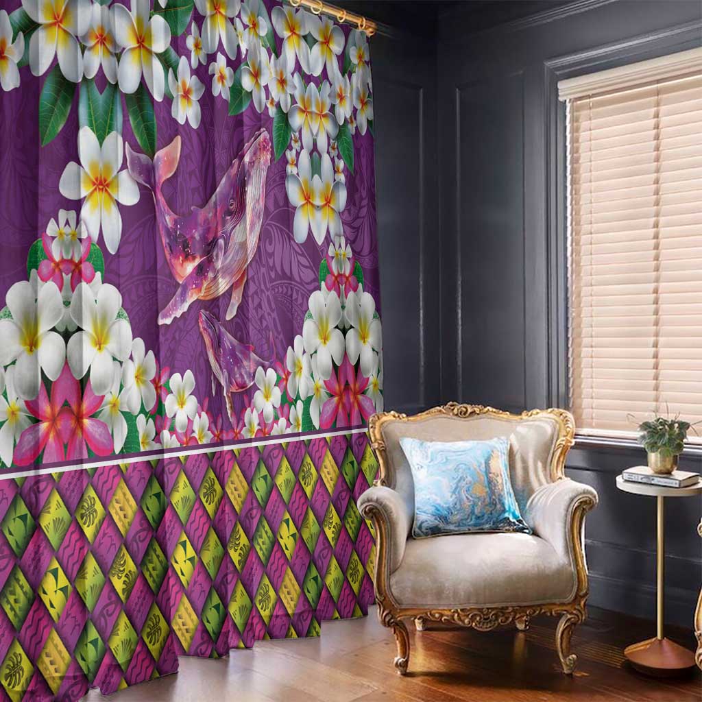 Hawaiian Plumeria and Humpback Whales Window Curtain Polynerian Art Tattoo-Mauve Color
