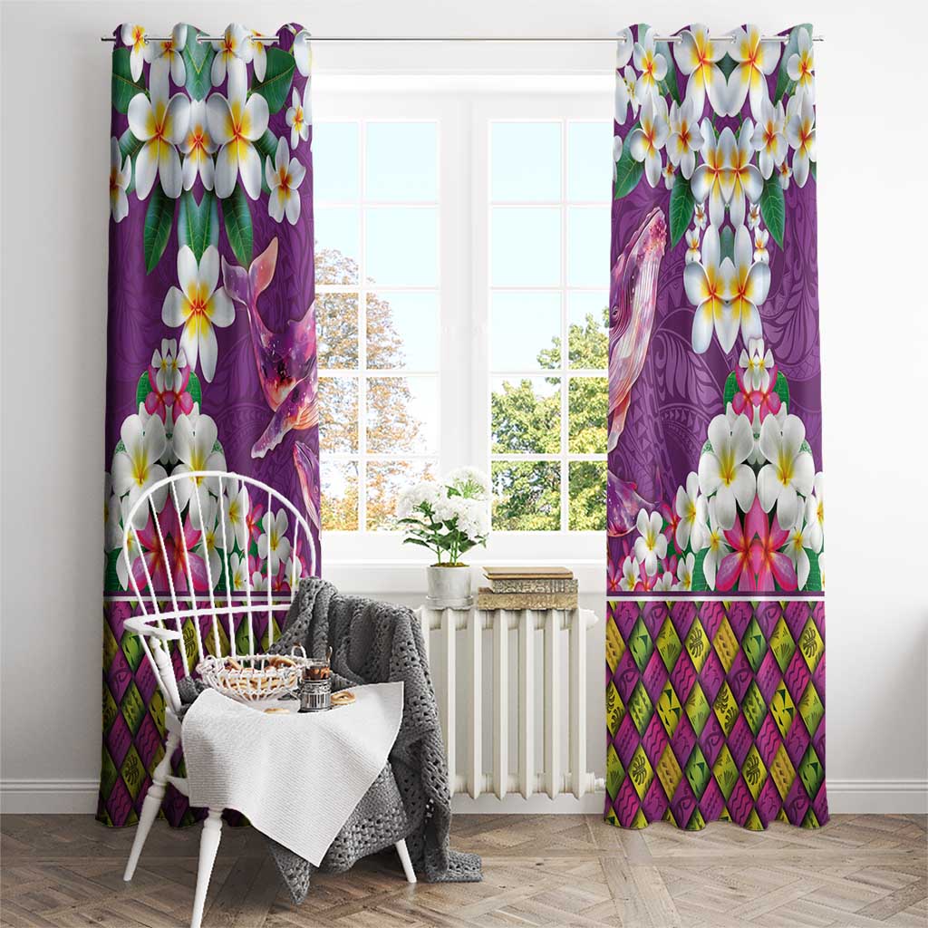 Hawaiian Plumeria and Humpback Whales Window Curtain Polynerian Art Tattoo-Mauve Color