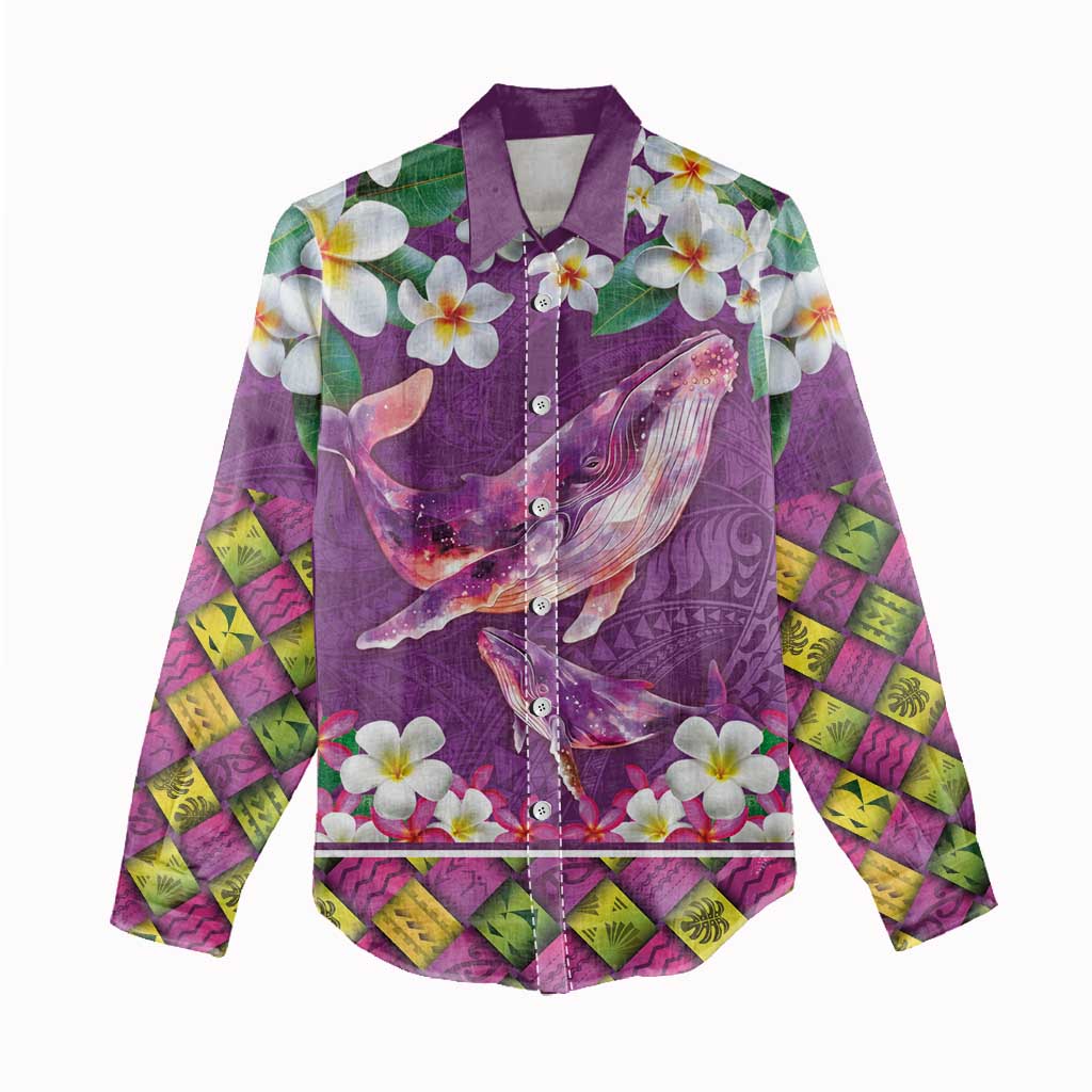 Hawaiian Plumeria and Humpback Whales Women Casual Shirt Polynerian Art Tattoo-Mauve Color
