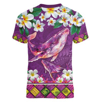 Hawaiian Plumeria and Humpback Whales Women V-Neck T-Shirt Polynerian Art Tattoo-Mauve Color