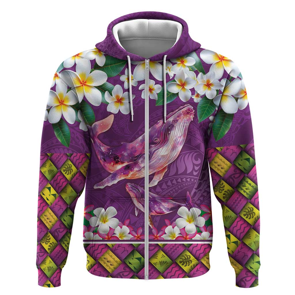 Hawaiian Plumeria and Humpback Whales Zip Hoodie Polynerian Art Tattoo-Mauve Color LT03 Zip Hoodie Purple - Polynesian Pride