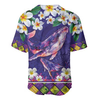 Hawaiian Plumeria and Humpback Whales Baseball Jersey Polynerian Art Tattoo-Navy Color
