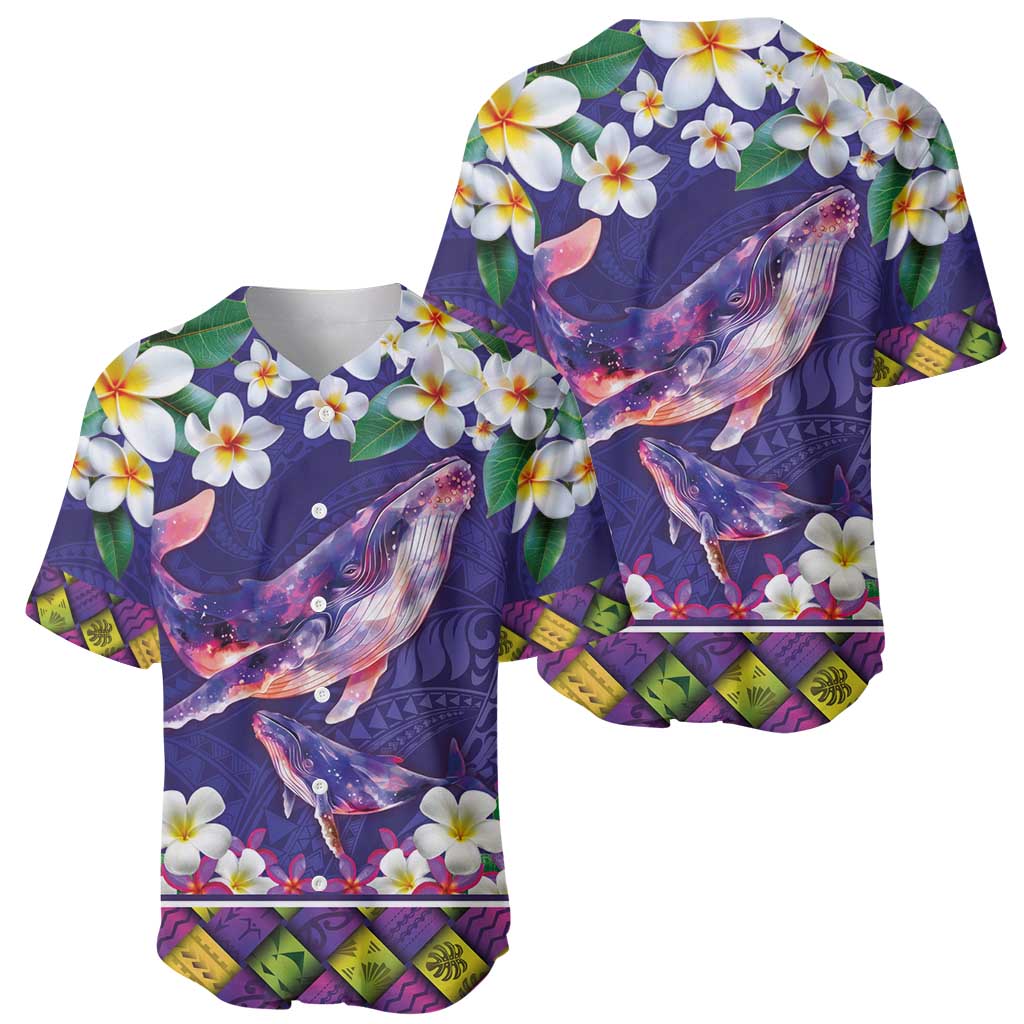 Hawaiian Plumeria and Humpback Whales Baseball Jersey Polynerian Art Tattoo-Navy Color