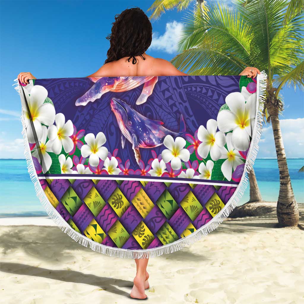 Hawaiian Plumeria and Humpback Whales Beach Blanket Polynerian Art Tattoo-Navy Color