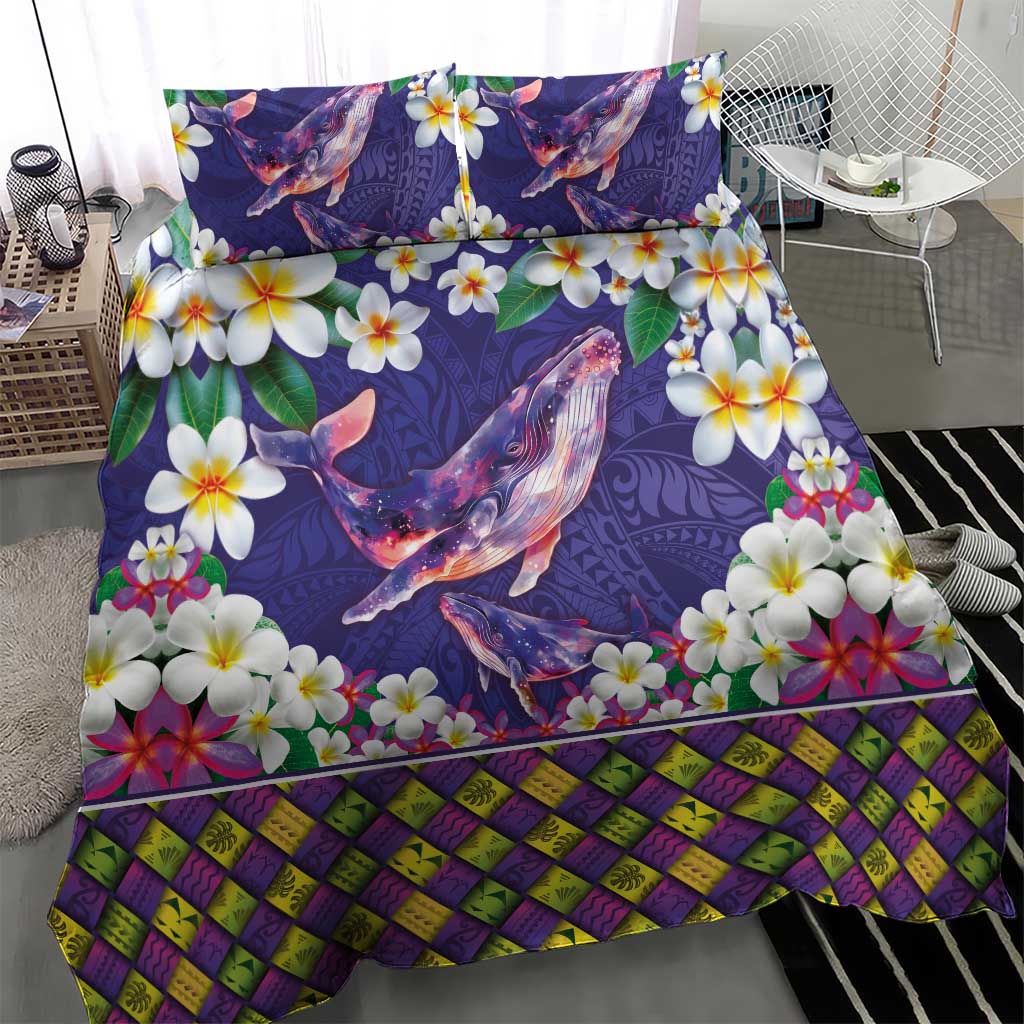 Hawaiian Plumeria and Humpback Whales Bedding Set Polynerian Art Tattoo-Navy Color