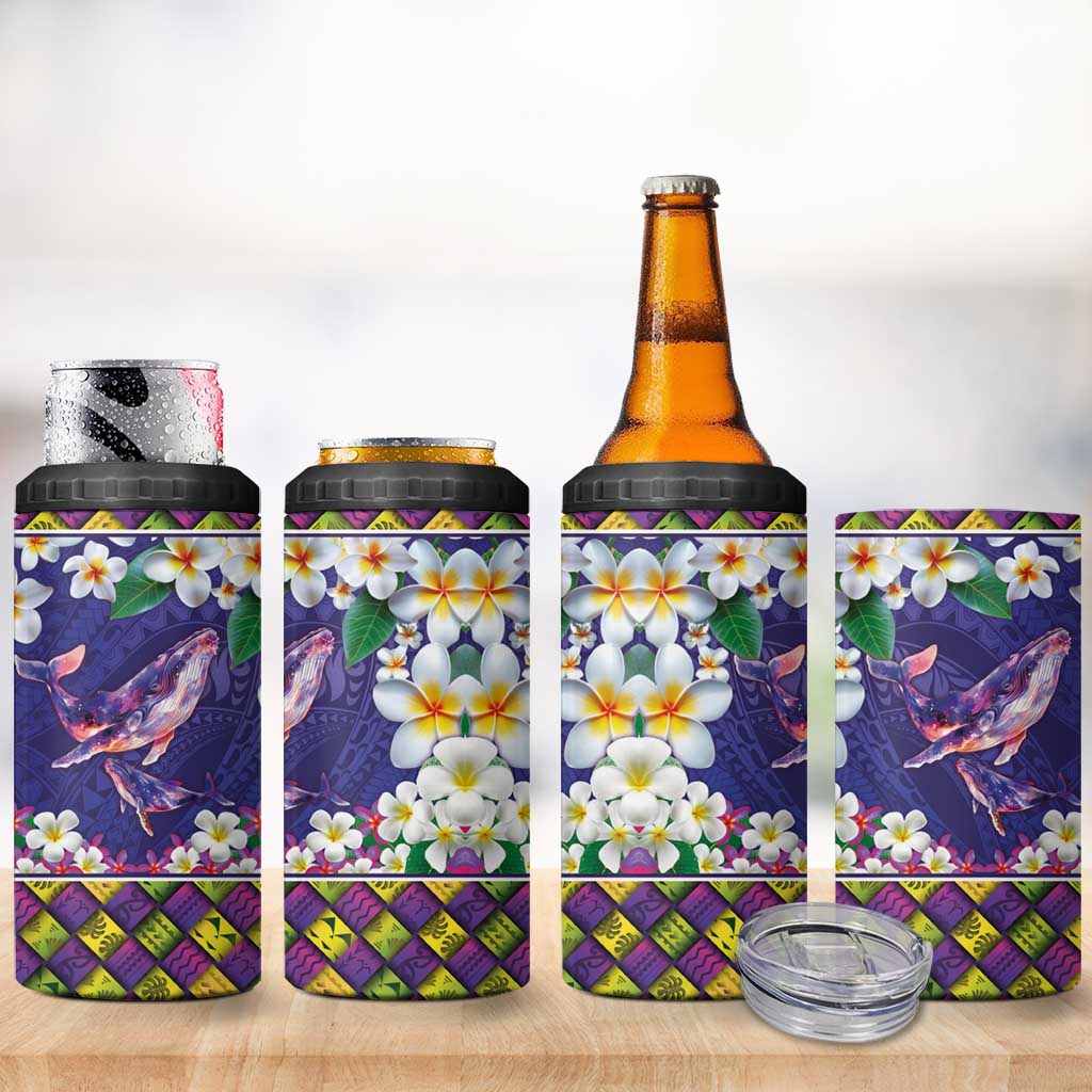 Hawaiian Plumeria and Humpback Whales 4 in 1 Can Cooler Tumbler Polynerian Art Tattoo-Navy Color