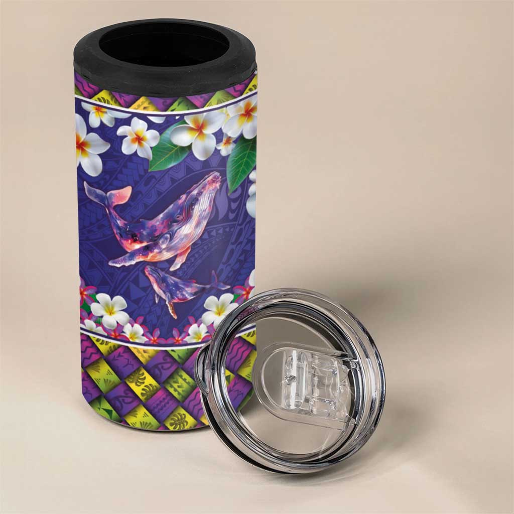 Hawaiian Plumeria and Humpback Whales 4 in 1 Can Cooler Tumbler Polynerian Art Tattoo-Navy Color