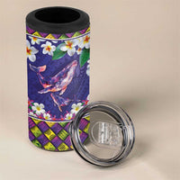 Hawaiian Plumeria and Humpback Whales 4 in 1 Can Cooler Tumbler Polynerian Art Tattoo-Navy Color