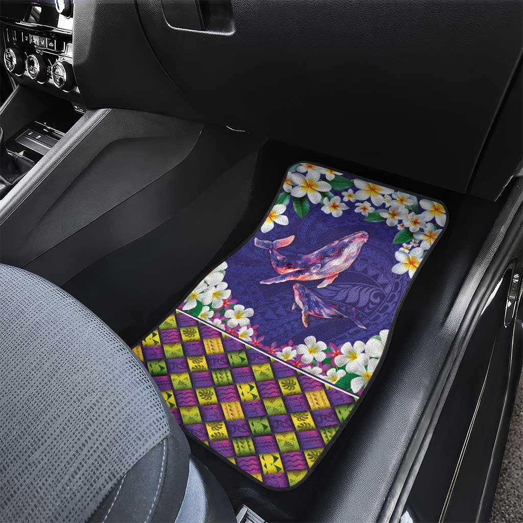 Hawaiian Plumeria and Humpback Whales Car Mats Polynerian Art Tattoo-Navy Color