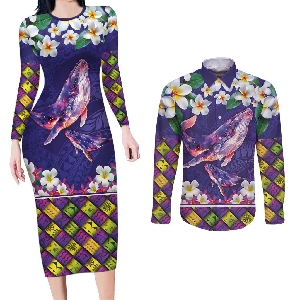 Hawaiian Plumeria and Humpback Whales Couples Matching Long Sleeve Bodycon Dress and Long Sleeve Button Shirt Polynerian Art Tattoo-Navy Color LT03 Navy - Polynesian Pride