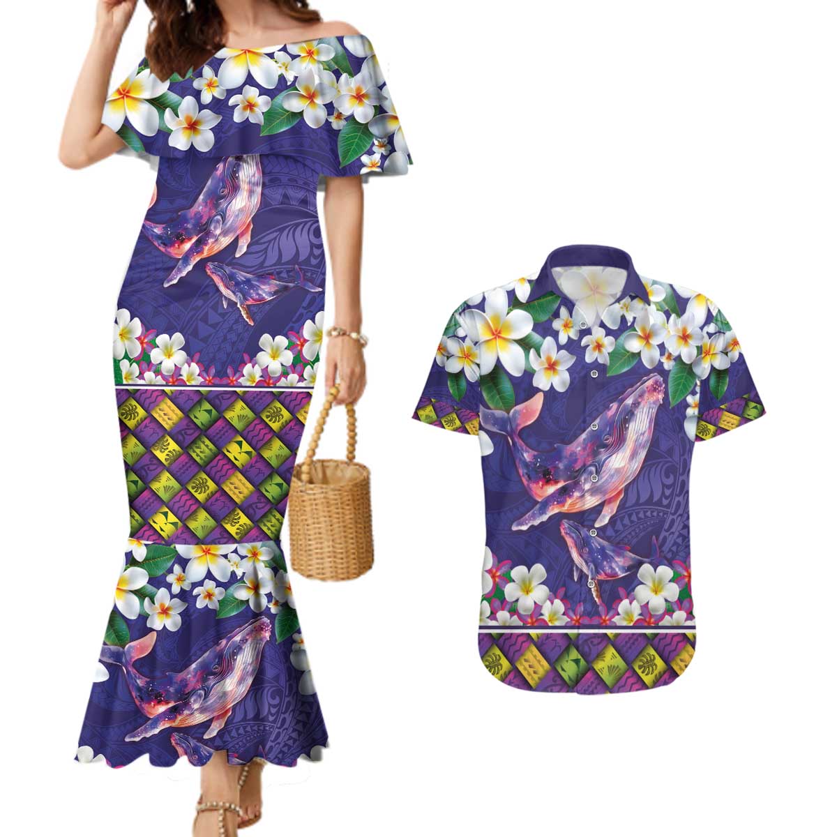 Hawaiian Plumeria and Humpback Whales Couples Matching Mermaid Dress and Hawaiian Shirt Polynerian Art Tattoo-Navy Color LT03 Navy - Polynesian Pride