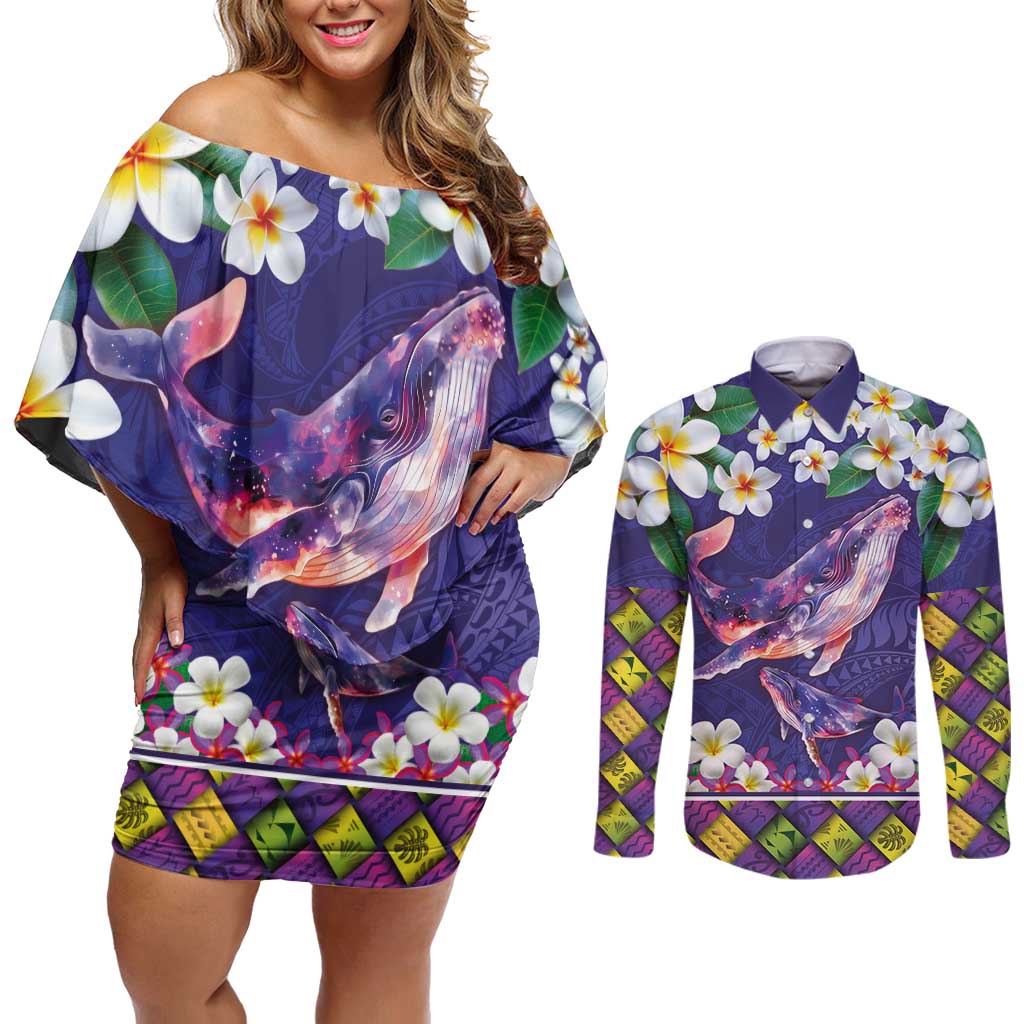 Hawaiian Plumeria and Humpback Whales Couples Matching Off Shoulder Short Dress and Long Sleeve Button Shirt Polynerian Art Tattoo-Navy Color LT03 Navy - Polynesian Pride