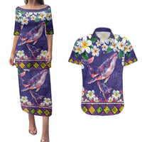 Hawaiian Plumeria and Humpback Whales Couples Matching Puletasi and Hawaiian Shirt Polynerian Art Tattoo-Navy Color