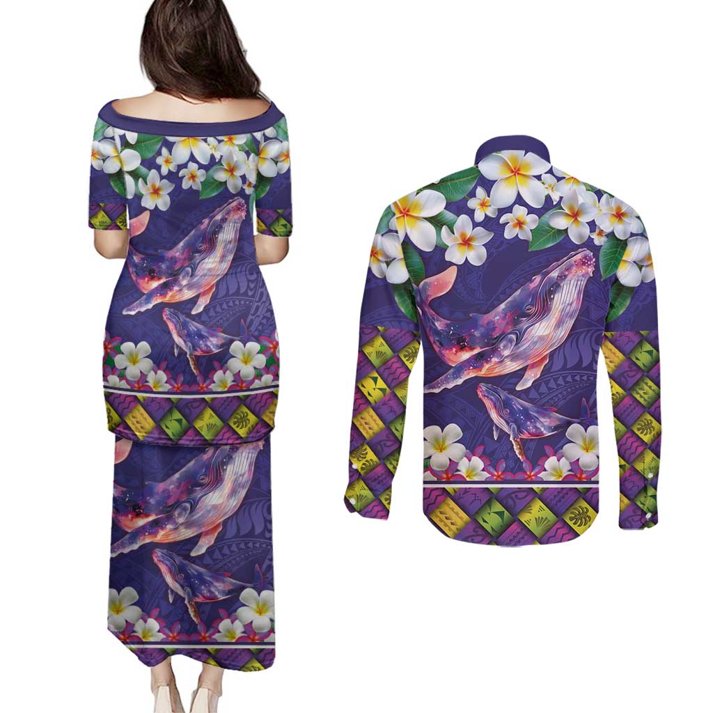 Hawaiian Plumeria and Humpback Whales Couples Matching Puletasi and Long Sleeve Button Shirt Polynerian Art Tattoo-Navy Color