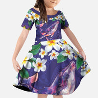 Hawaiian Plumeria and Humpback Whales Family Matching Mermaid Dress and Hawaiian Shirt Polynerian Art Tattoo-Navy Color LT03 Daughter's Dress Navy - Polynesian Pride