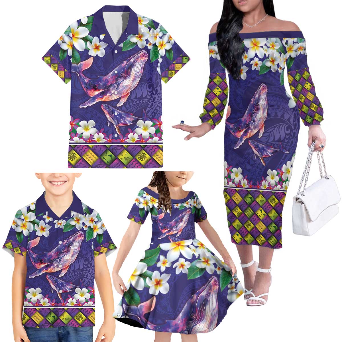 Hawaiian Plumeria and Humpback Whales Family Matching Off The Shoulder Long Sleeve Dress and Hawaiian Shirt Polynerian Art Tattoo-Navy Color