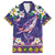 Hawaiian Plumeria and Humpback Whales Family Matching Off The Shoulder Long Sleeve Dress and Hawaiian Shirt Polynerian Art Tattoo-Navy Color