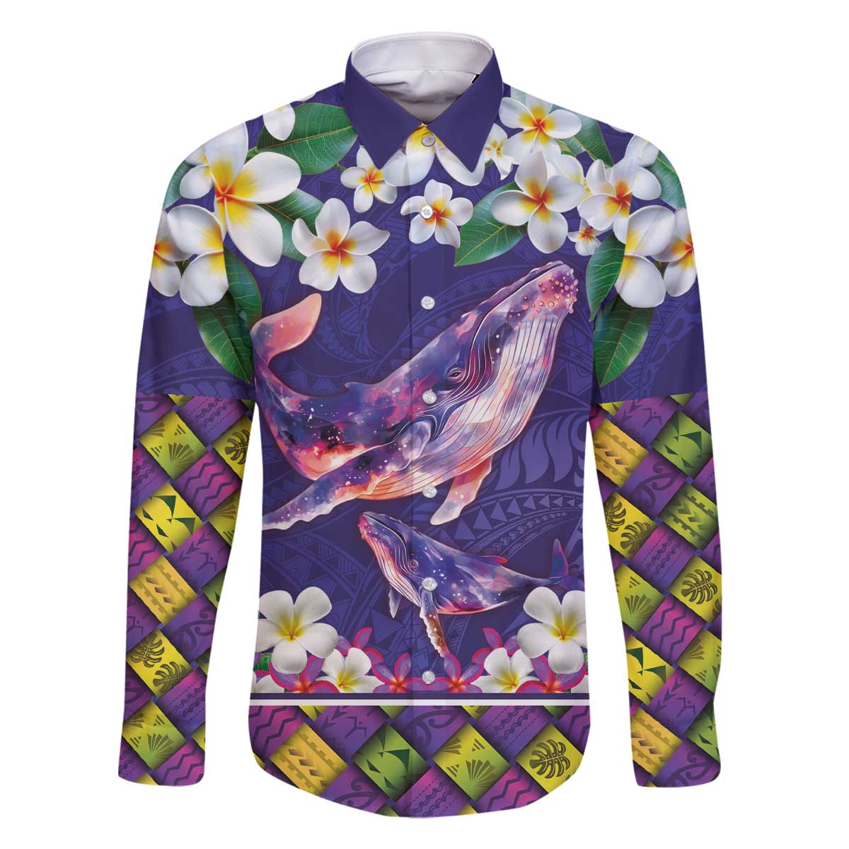 Hawaiian Plumeria and Humpback Whales Family Matching Off The Shoulder Long Sleeve Dress and Hawaiian Shirt Polynerian Art Tattoo-Navy Color