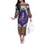 Hawaiian Plumeria and Humpback Whales Family Matching Off The Shoulder Long Sleeve Dress and Hawaiian Shirt Polynerian Art Tattoo-Navy Color