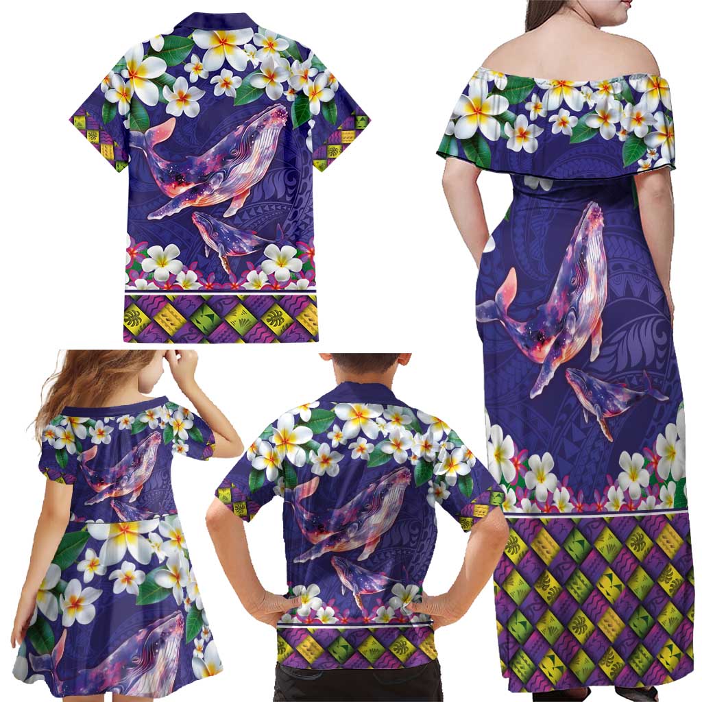 Hawaiian Plumeria and Humpback Whales Family Matching Off Shoulder Maxi Dress and Hawaiian Shirt Polynerian Art Tattoo-Navy Color