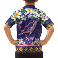 Hawaiian Plumeria and Humpback Whales Family Matching Off Shoulder Short Dress and Hawaiian Shirt Polynerian Art Tattoo-Navy Color