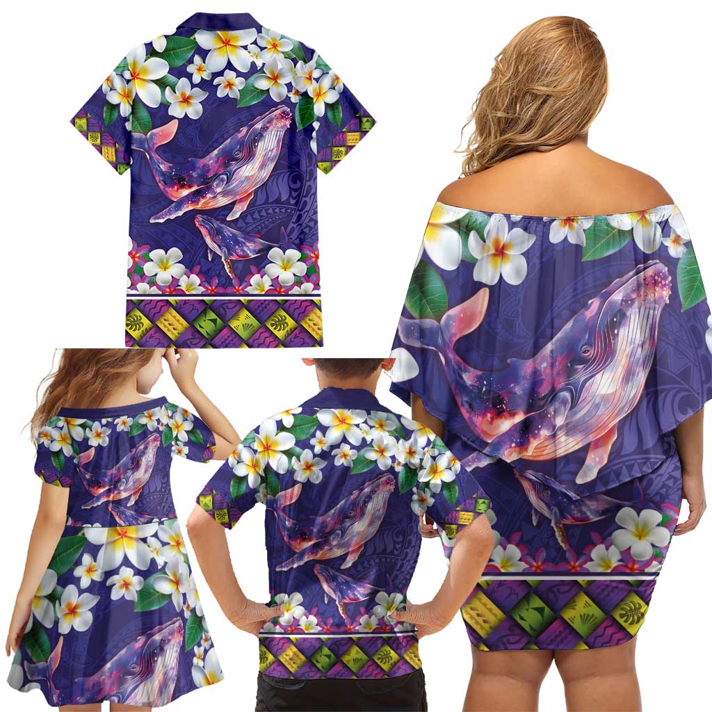 Hawaiian Plumeria and Humpback Whales Family Matching Off Shoulder Short Dress and Hawaiian Shirt Polynerian Art Tattoo-Navy Color