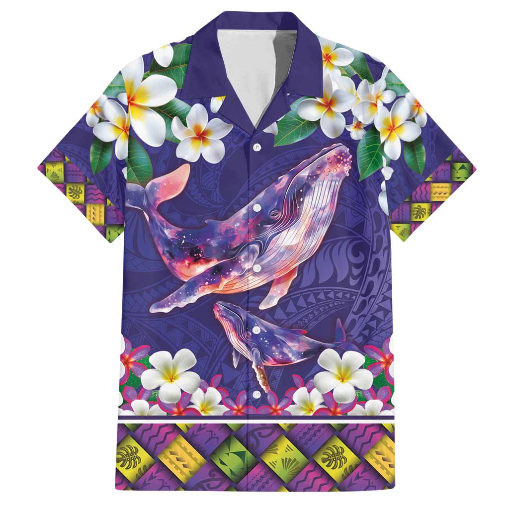 Hawaiian Plumeria and Humpback Whales Family Matching Off Shoulder Short Dress and Hawaiian Shirt Polynerian Art Tattoo-Navy Color
