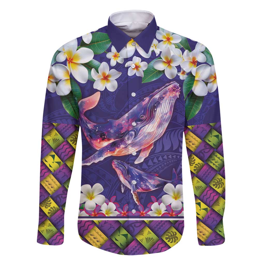 Hawaiian Plumeria and Humpback Whales Family Matching Off Shoulder Short Dress and Hawaiian Shirt Polynerian Art Tattoo-Navy Color