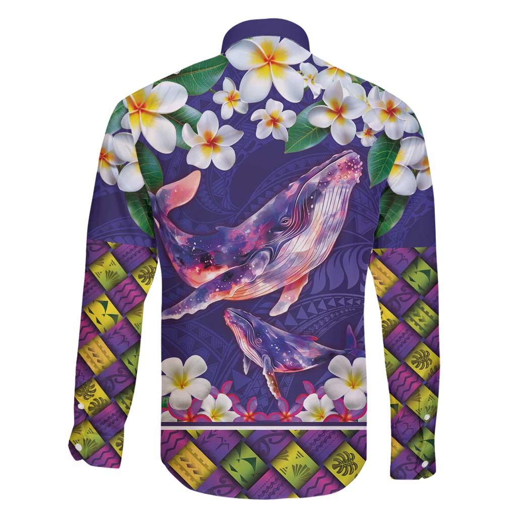 Hawaiian Plumeria and Humpback Whales Family Matching Off Shoulder Short Dress and Hawaiian Shirt Polynerian Art Tattoo-Navy Color
