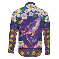 Hawaiian Plumeria and Humpback Whales Family Matching Off Shoulder Short Dress and Hawaiian Shirt Polynerian Art Tattoo-Navy Color