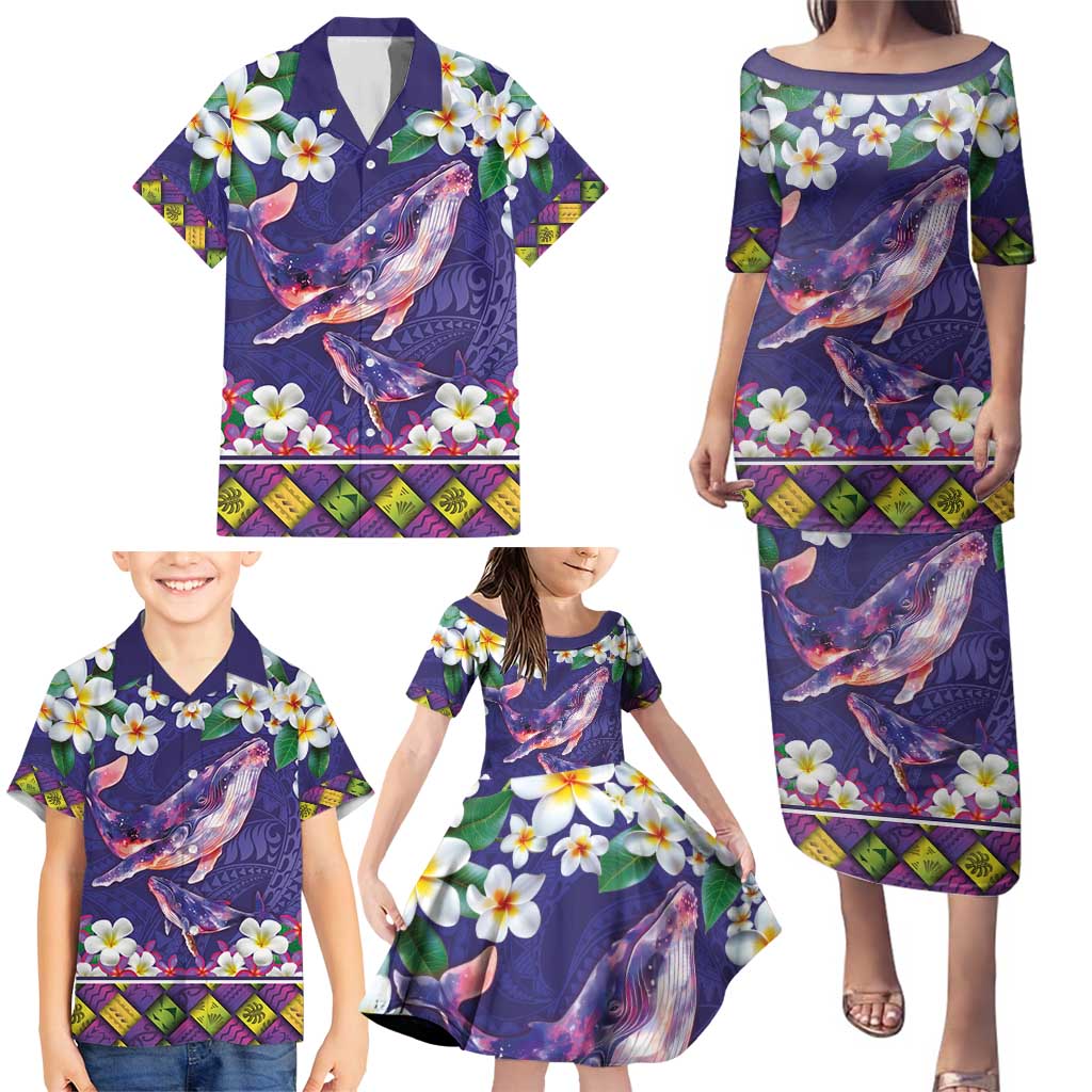Hawaiian Plumeria and Humpback Whales Family Matching Puletasi and Hawaiian Shirt Polynerian Art Tattoo-Navy Color
