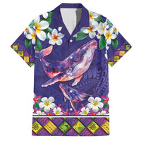 Hawaiian Plumeria and Humpback Whales Family Matching Short Sleeve Bodycon Dress and Hawaiian Shirt Polynerian Art Tattoo-Navy Color