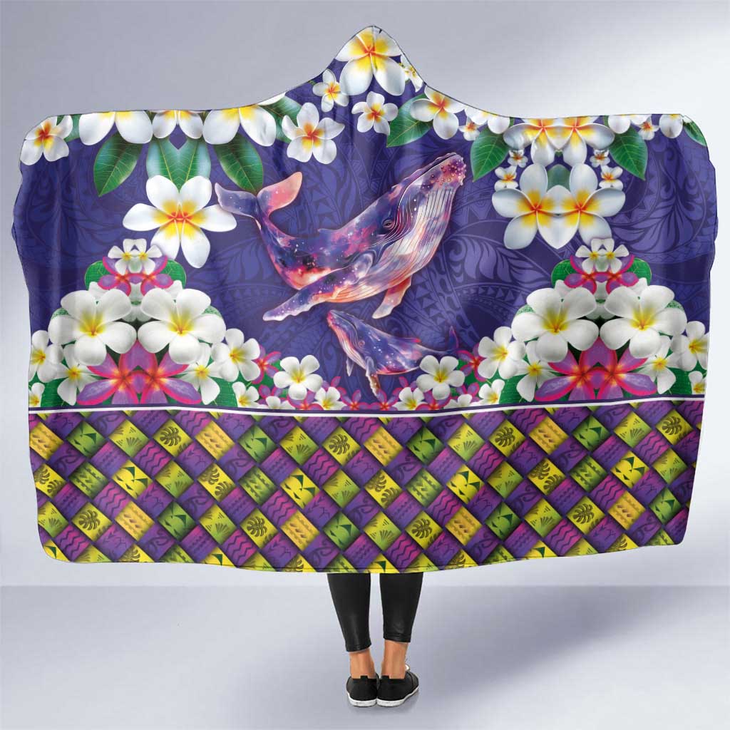 Hawaiian Plumeria and Humpback Whales Hooded Blanket Polynerian Art Tattoo-Navy Color