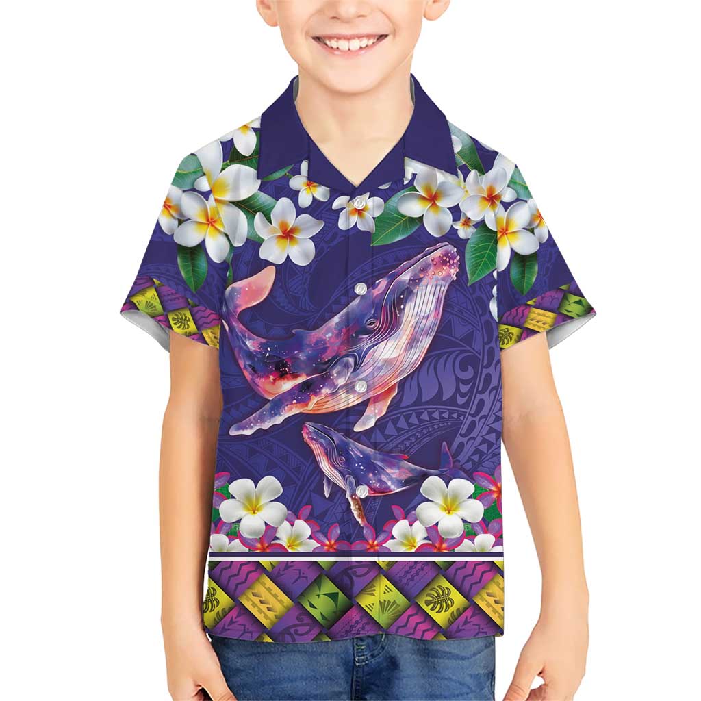 Hawaiian Plumeria and Humpback Whales Kid Hawaiian Shirt Polynerian Art Tattoo-Navy Color
