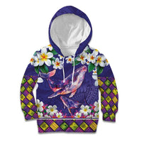 Hawaiian Plumeria and Humpback Whales Kid Hoodie Polynerian Art Tattoo-Navy Color