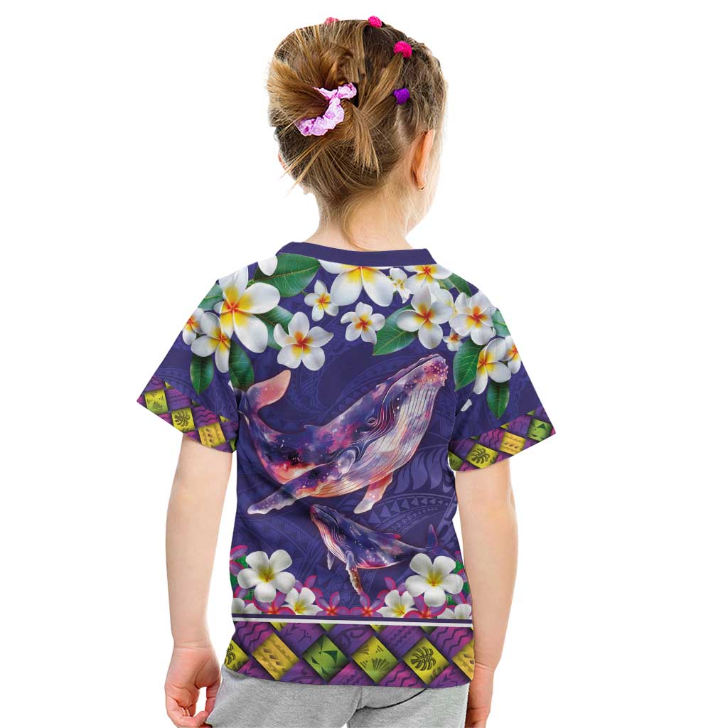 Hawaiian Plumeria and Humpback Whales Kid T Shirt Polynerian Art Tattoo-Navy Color