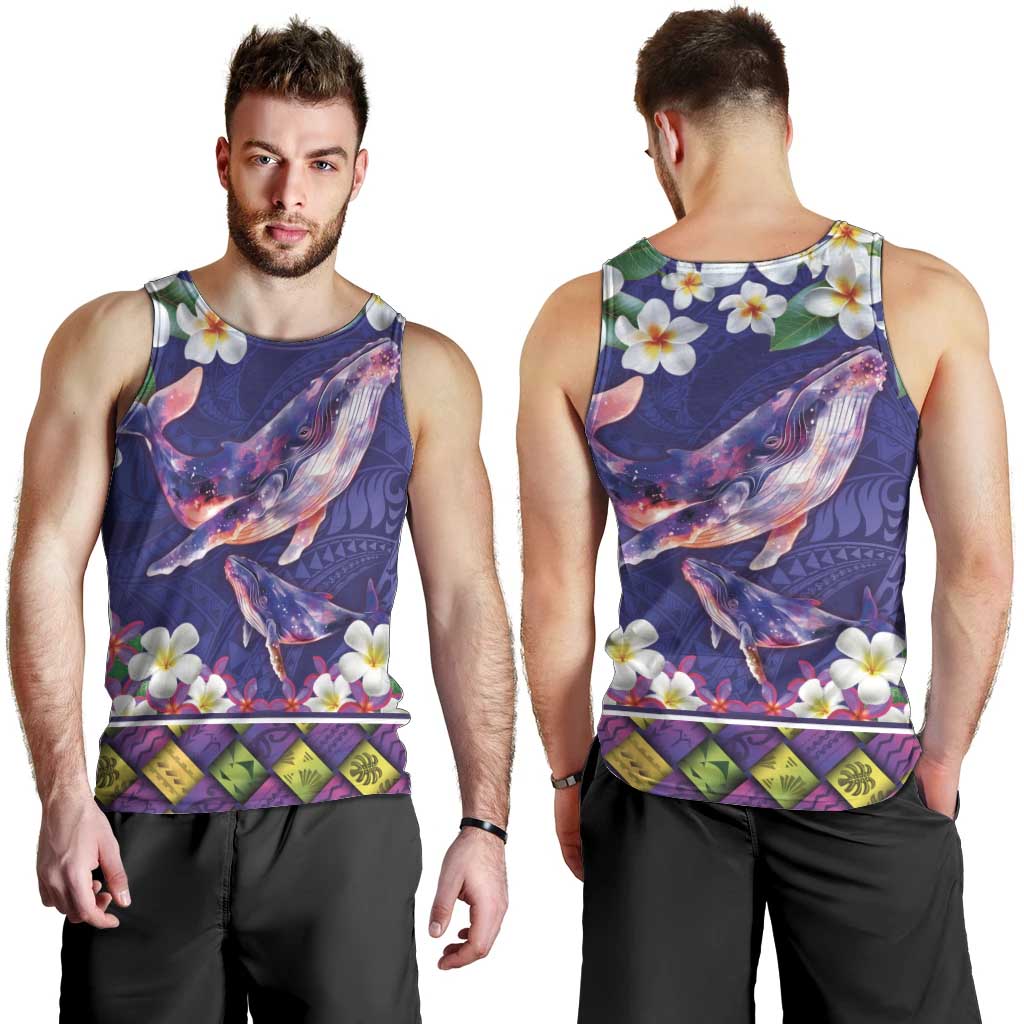 Hawaiian Plumeria and Humpback Whales Men Tank Top Polynerian Art Tattoo-Navy Color