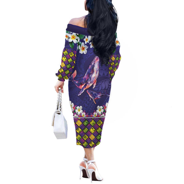 Polynesia Off The Shoulder Long Sleeve Dress Whale Tale and Polynesian Sunset Plumeria Rainbow LT9