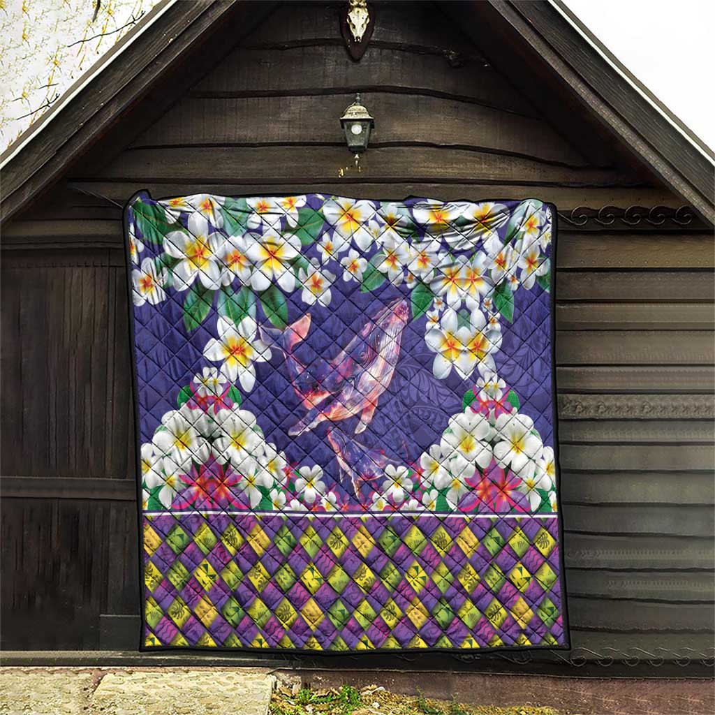 Hawaiian Plumeria and Humpback Whales Quilt Polynerian Art Tattoo-Navy Color