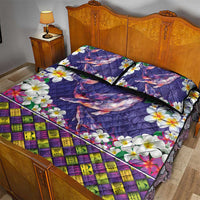 Hawaiian Plumeria and Humpback Whales Quilt Bed Set Polynerian Art Tattoo-Navy Color