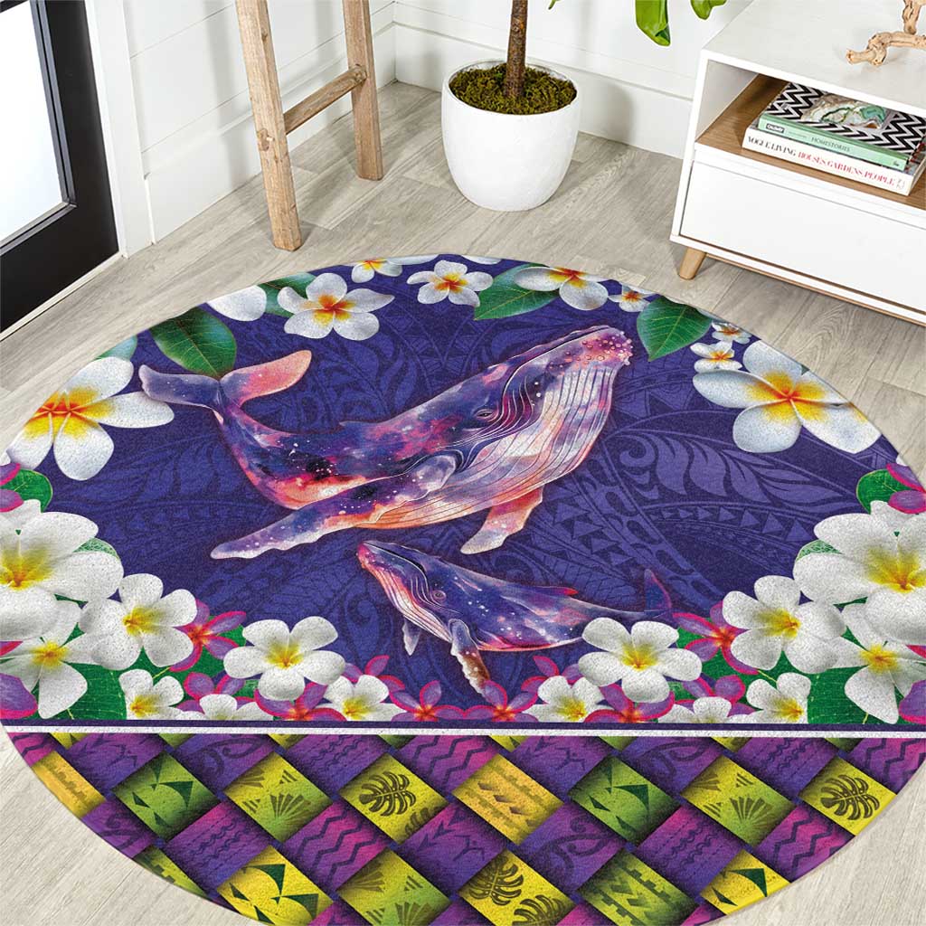Hawaiian Plumeria and Humpback Whales Round Carpet Polynerian Art Tattoo-Navy Color LT03 Navy - Polynesian Pride