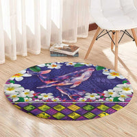 Hawaiian Plumeria and Humpback Whales Round Carpet Polynerian Art Tattoo-Navy Color LT03 - Polynesian Pride