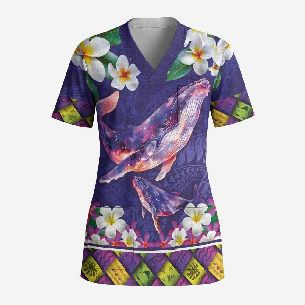 Hawaiian Plumeria and Humpback Whales Scrub Top Polynerian Art Tattoo-Navy Color LT03 Adult Navy - Polynesian Pride
