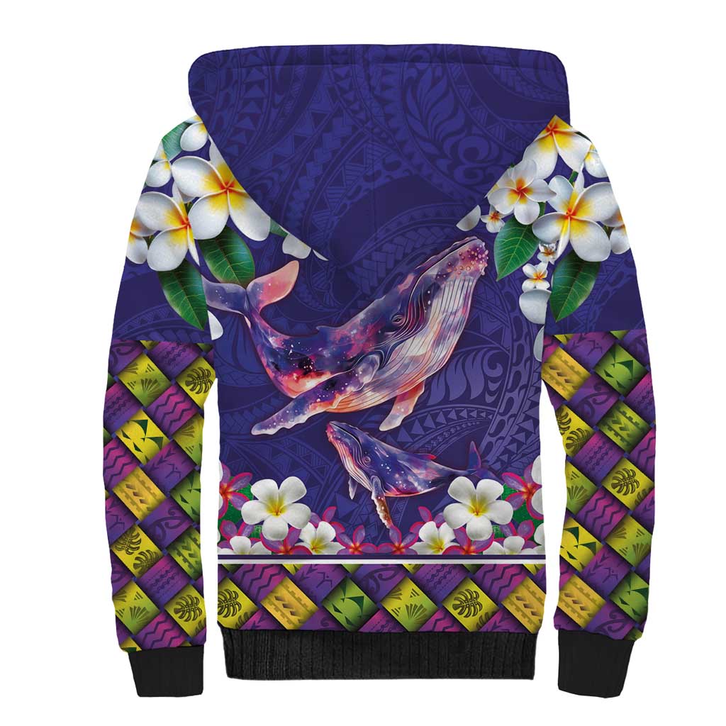 Hawaiian Plumeria and Humpback Whales Sherpa Hoodie Polynerian Art Tattoo-Navy Color